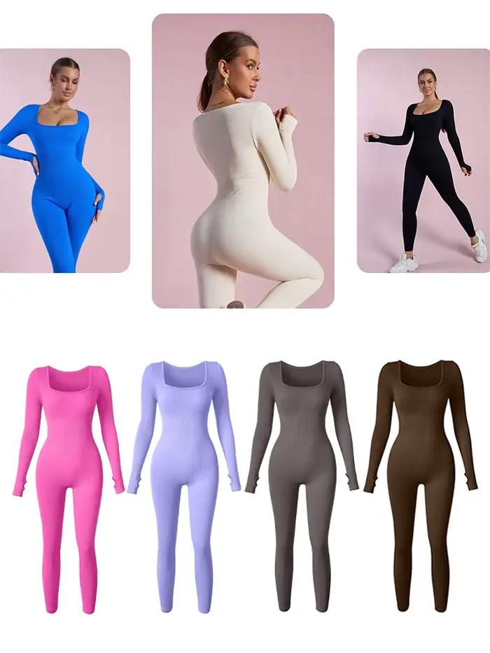 Combinaison à manches longues pour femmes, col carré, taille haute, moulante, une pièce, Leggings, sans couture, sport décontracté, body