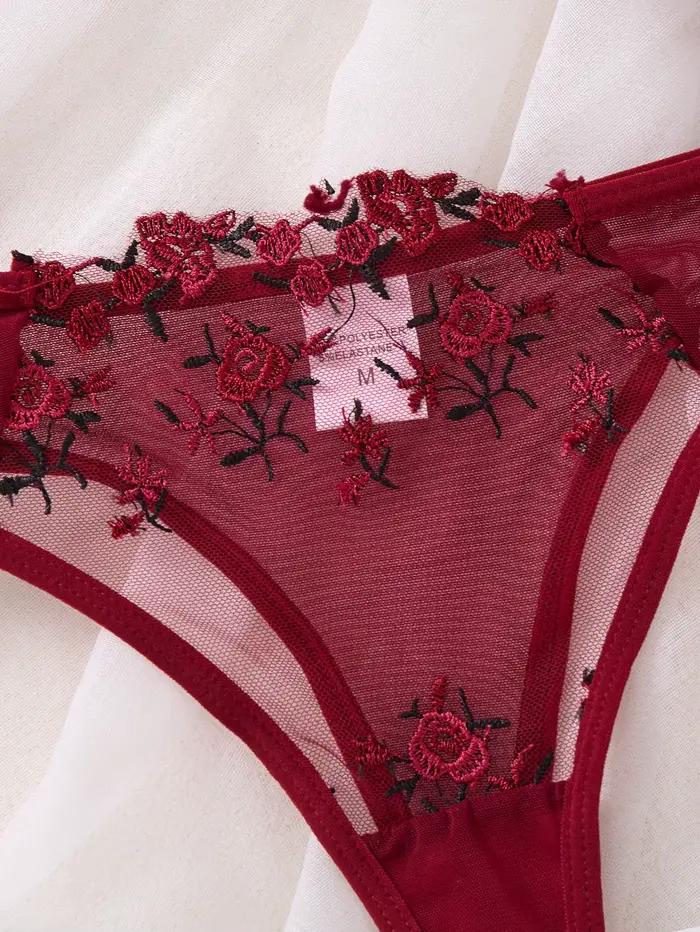 Ensemble de lingerie en dentelle brodée florale de style français rouge bordeaux, soutien-gorge transparent sexy et pur désir, pour la Saint-Valentin ZA824026