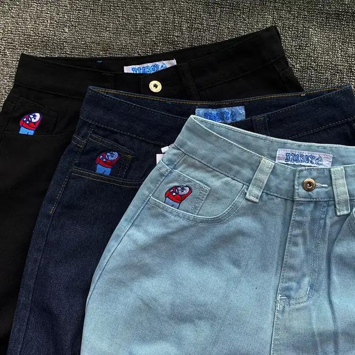 Y2K výšivka Baggy džínsy pre chlapcov ženy Streetwear gotické kreslené modré