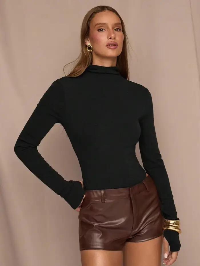 Body sculptant femme style Kim K, col montant, manches longues, coupe string, extensible, moulant, basique, noir, pour superposition