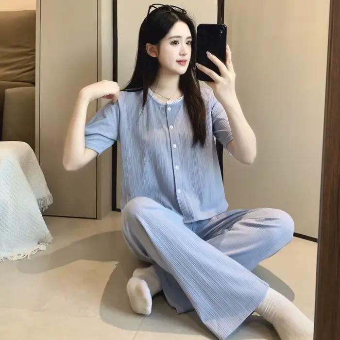 Pyjama rayé en coton rose pour femmes, ensemble deux pièces pour l'été, chemise à manches courtes et pantalon long, vêtements de nuit simples et doux