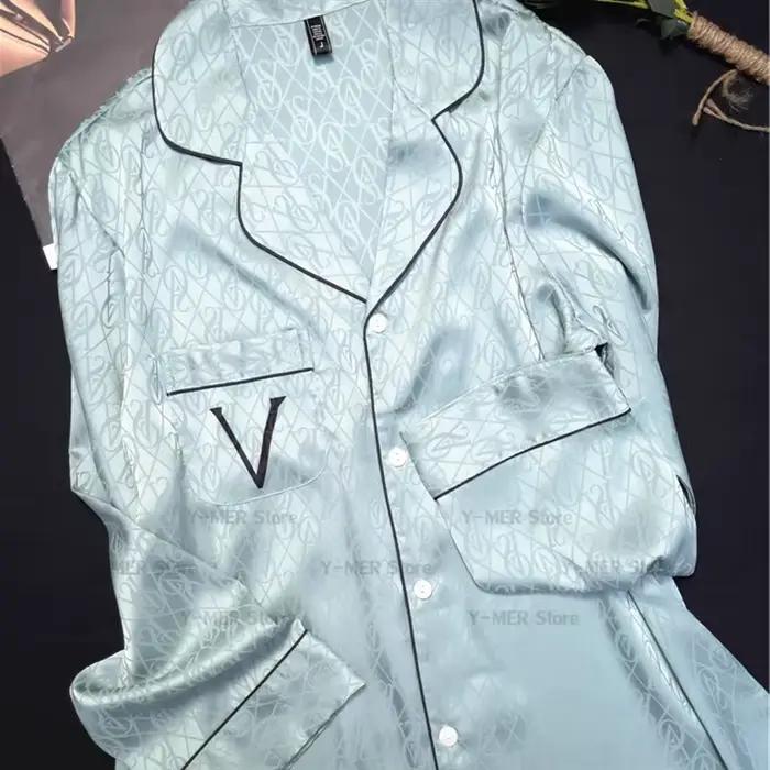 Ensemble pyjama imprimé vert, manches longues, vêtements de nuit pour femmes, luxe, rayonne, vêtements de maison, lettre V, vêtements de détente, 2 pièces