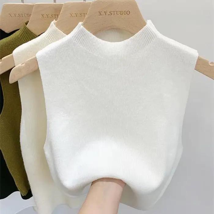 Dámske tričko bez rukávov jednofarebné pletené crop top camisole polovičný rolák jar jeseň