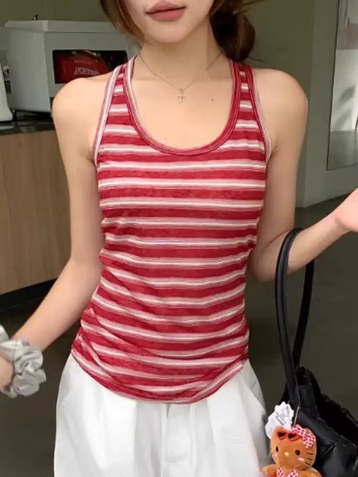 Débardeurs sexy et élégants à rayures pour femmes, avec dos ajouré et nœud à lacets, style décontracté chic d'été, hauts sans manches à col halter