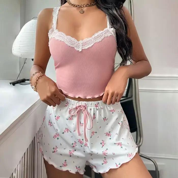 Femmes pyjama ensemble dentelle Patchwork col en v vêtements de nuit Sexy femme nuisettes costume Cami haut imprimé Shorts doux Pyjamas vêtements de détente 2psc