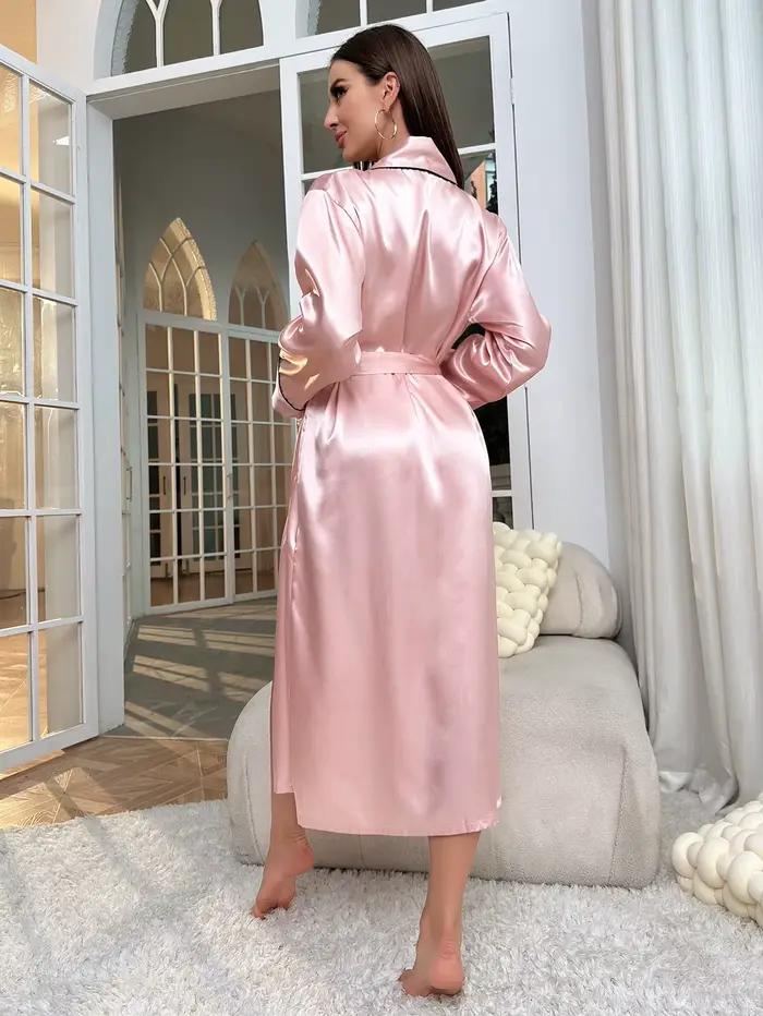 Robe de nuit en Satin Simple, manches longues, col en V, avec ceinture, vêtements de nuit pour femmes
