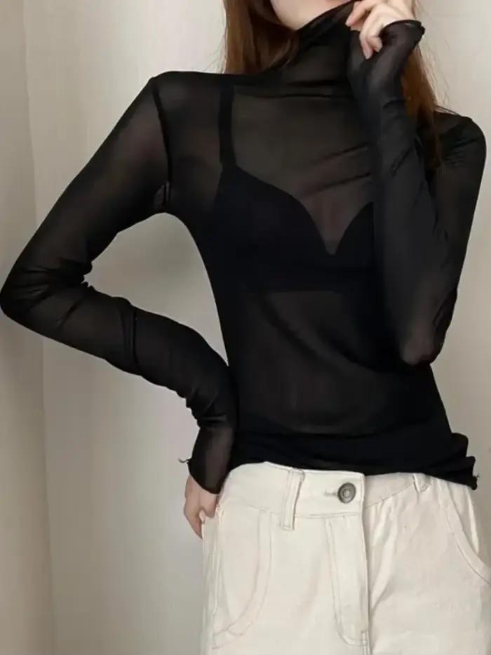 Dámske sexy tričko priesvitné cez priehľadnú sieťovinu s dlhými rukávmi čisté tenké