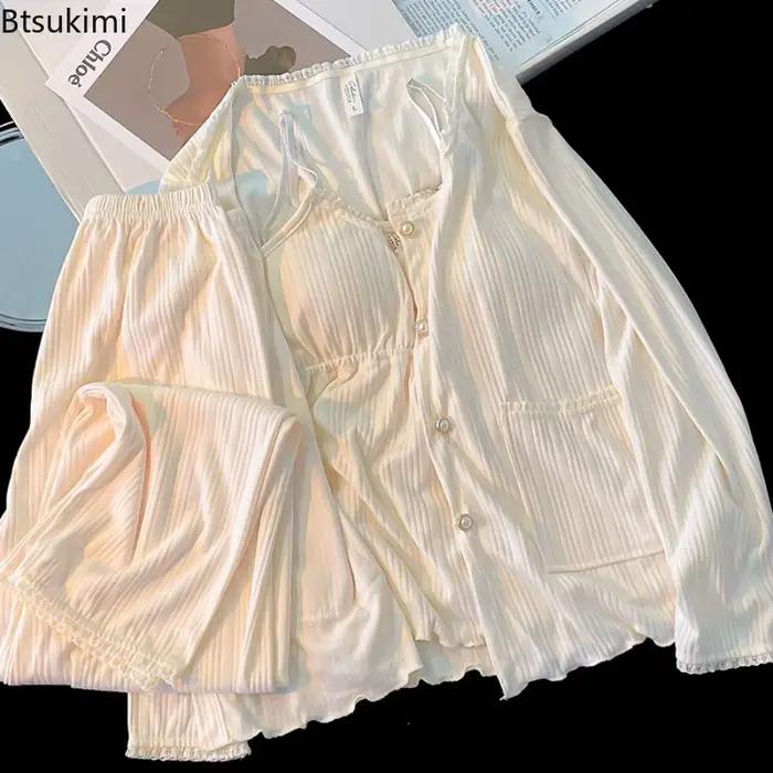 Pyjama haut de gamme en coton pour femmes, ensemble quatre pièces, manches longues, coussin de poitrine, pantalon à bretelles, vêtements de nuit, nouvelle collection printemps-automne