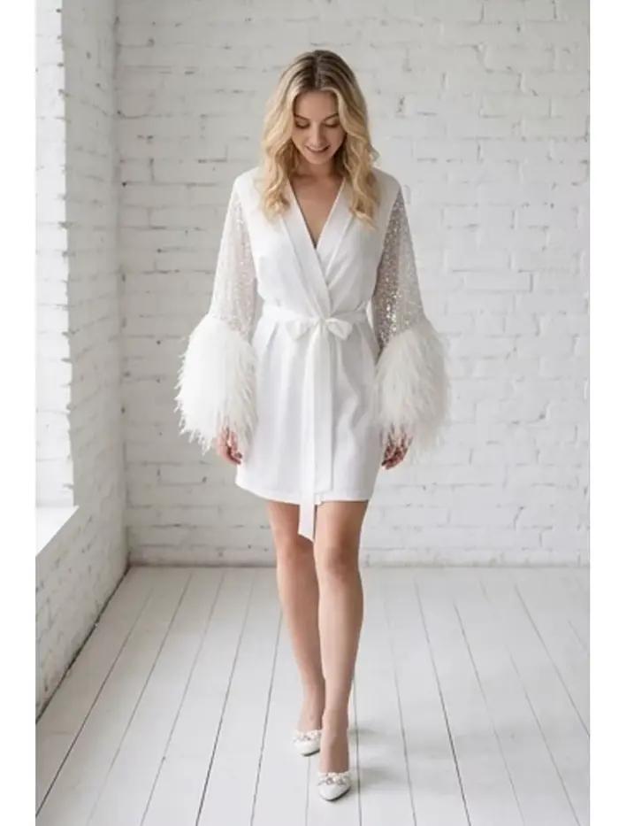 Robe de mariée de luxe en soie avec manches à plumes et sequins, peignoir de boudoir, lingerie de mariage, robe de chambre courte pour femme