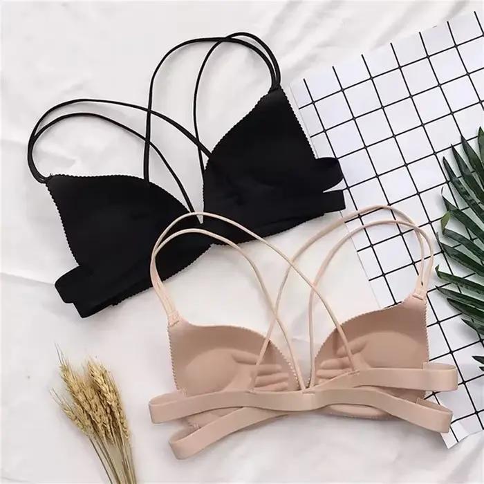 Soutien-gorge sexy pour femme, une pièce, à bretelles croisées, froncé, push-up, avec fermeture avant, enveloppant la poitrine, sans armatures, confortable