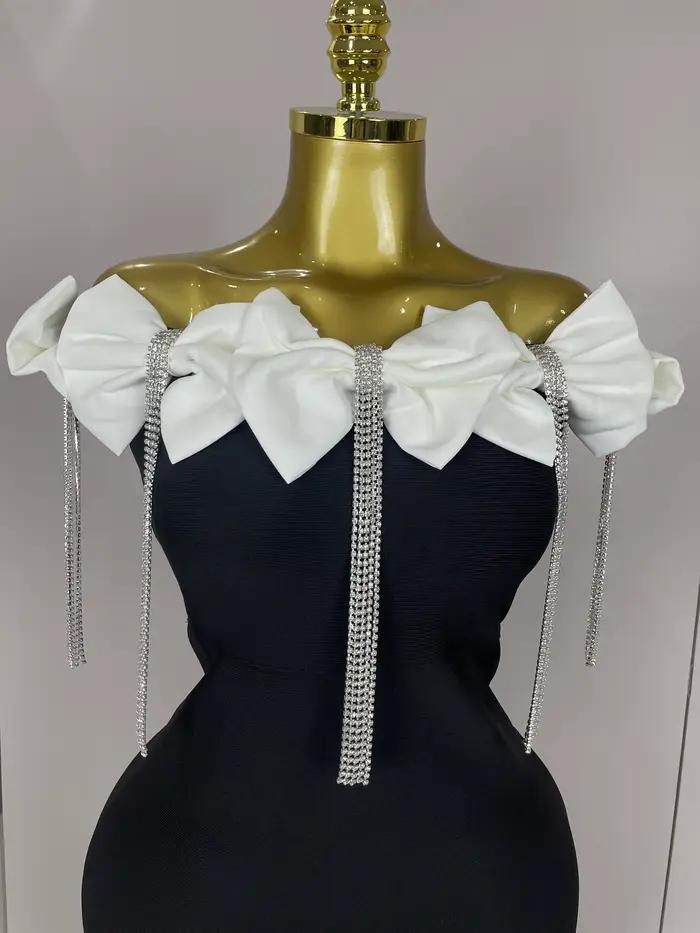 2025 ženy celebrít sexy odhalené rameno kvetina diamanty čierna motýlik maxi dlhá XL elegantná šaty na obväz s