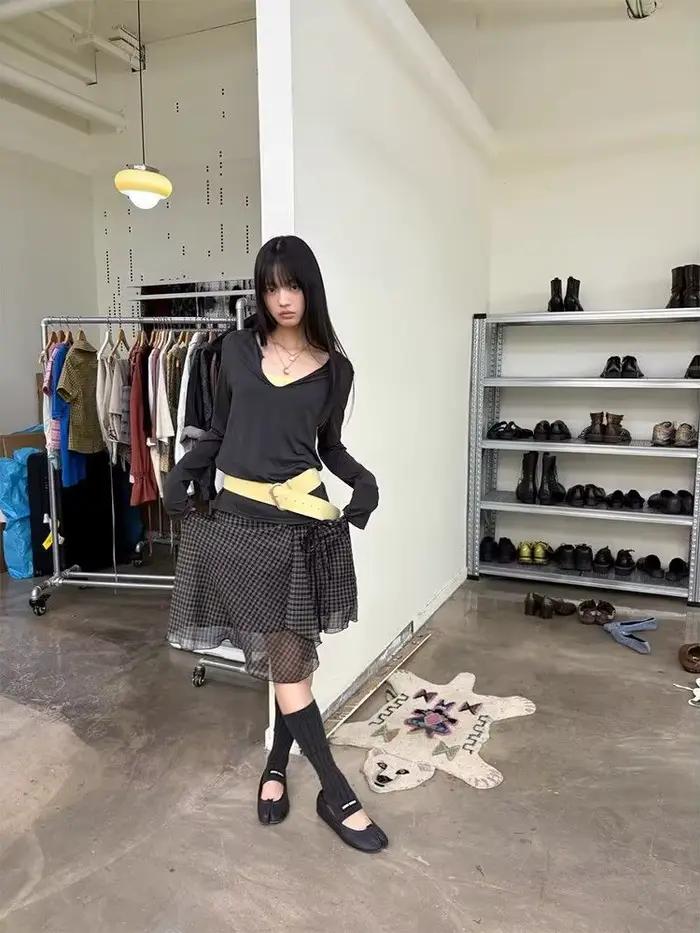 Deeptown Vintage Plaid sieťovaná sukňa pre ženy japonská asymetrická midi