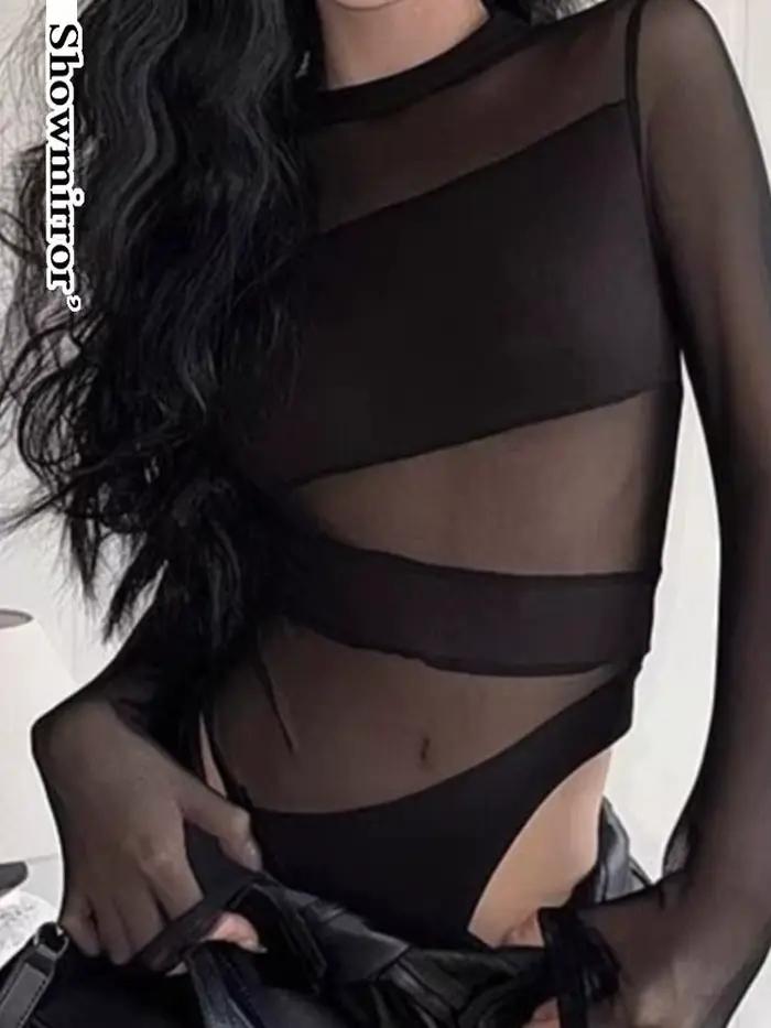 Gothique évider teahwear body mujer femmes coupe croix creux maille body à manches longues charmant body Clubwear sexy