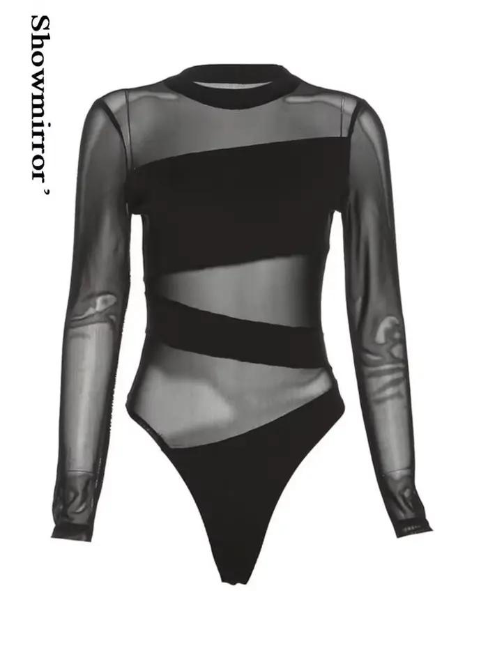 Gothique évider teahwear body mujer femmes coupe croix creux maille body à manches longues charmant body Clubwear sexy