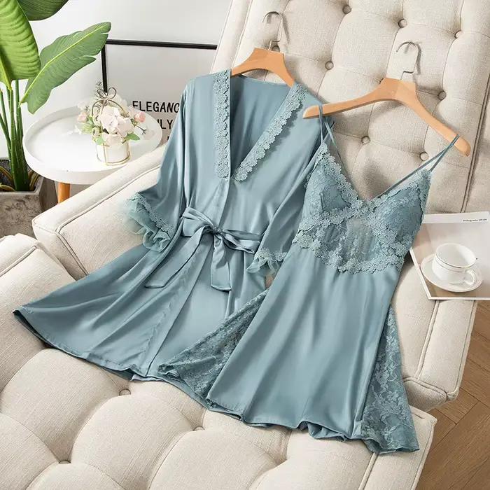 2 pièces Kimono Robe ensemble femmes Satin vêtements de nuit chemise de nuit Sexy décontracté vêtements de maison Lingerie intime dentelle peignoir Robe
