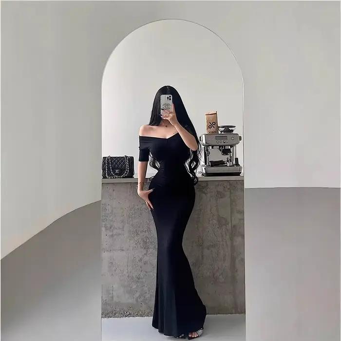 Kardashian Sexy manches courtes col en v minceur robe sirène longueur au sol portefeuille robe moulante femmes robe longue noire