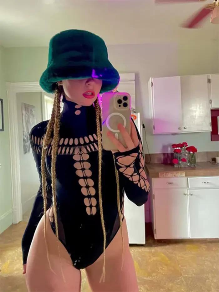 FHSEER Sexy body pre ženy Y2K vysoký golier obtiahnutý kruhový výstrih vpredu a rukávy zo sieťoviny so šnurovaním pružný Edggy Clubwear Streetwear