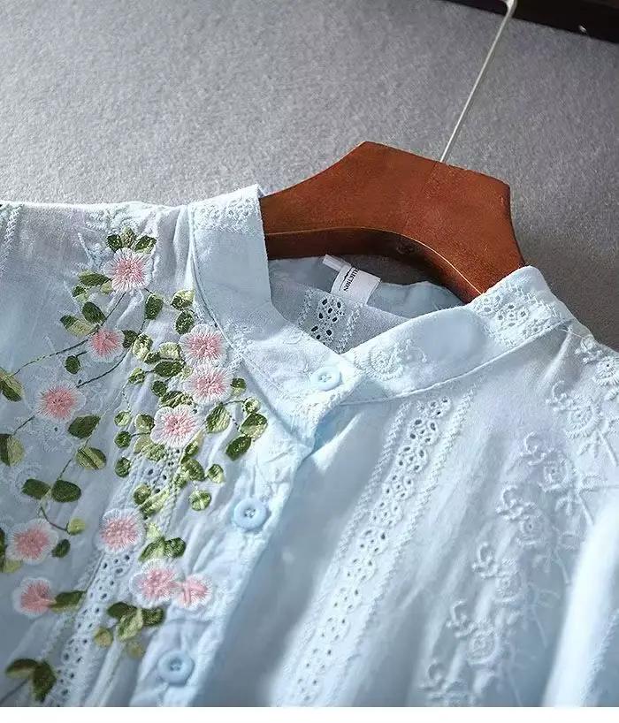 Chemise en dentelle rétro pour femme, haut brodé adt, simple boutonnage, manches 2025, chemisier à fleurs décontracté, printemps, été, 3/4