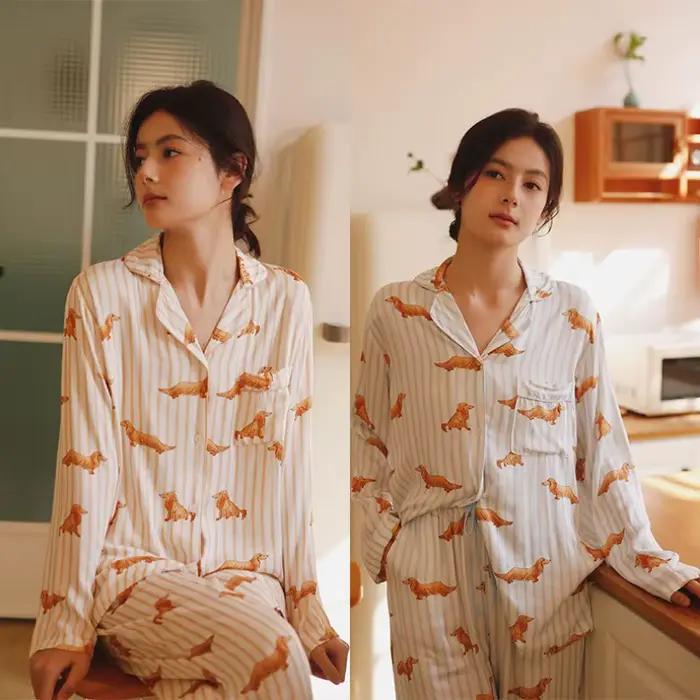 INS Style mignon teckel chien imprimé pyjama ensemble pour femmes doux Viscose rayé vêtements de nuit à manches longues boutonné vêtements de détente