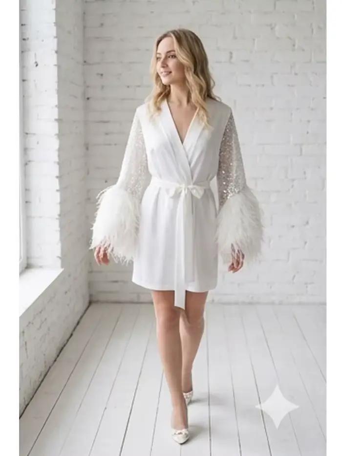 Robe de mariée de luxe en soie avec manches à plumes et sequins, peignoir de boudoir, lingerie de mariage, robe de chambre courte pour femme