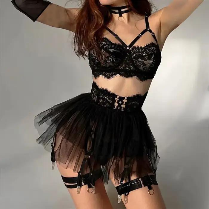 Ensemble de lingerie à volants, soutien-gorge en dentelle transparente sexy, gants longs, ensemble de sous-vêtements de fantaisie hypersexuelle, tenue de boudoir érotique pour femmes