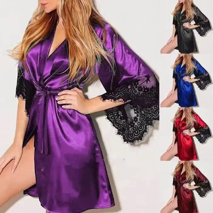 Robe de nuit pour femmes avec string, robe de chambre en dentelle florale, robe de nuit à manches courtes, vêtements de nuit en satin soyeux sexy à la française
