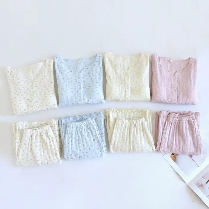 Ensemble de pyjama en coton tricoté jacquard à fleurs, style pastoral, de haute qualité, doux et confortable, pour femmes, printemps et automne
