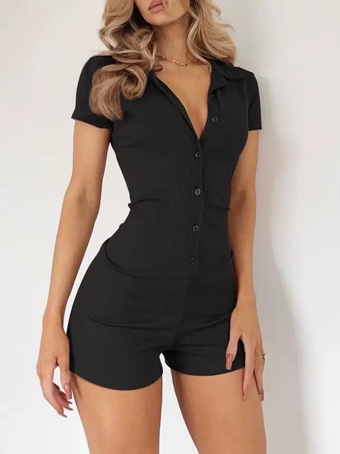 Combinaison noire côtelée à col rabattu pour femmes, body à manches courtes, simple boutonnage, bouton, moulante, une pièce