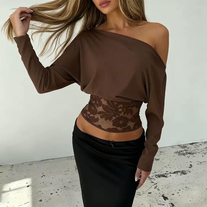 SUCHCUTE elegantné odhalené ramená čipka zdobená definovaný pás retro streetwear pevný dlhý rukáv tričko p
