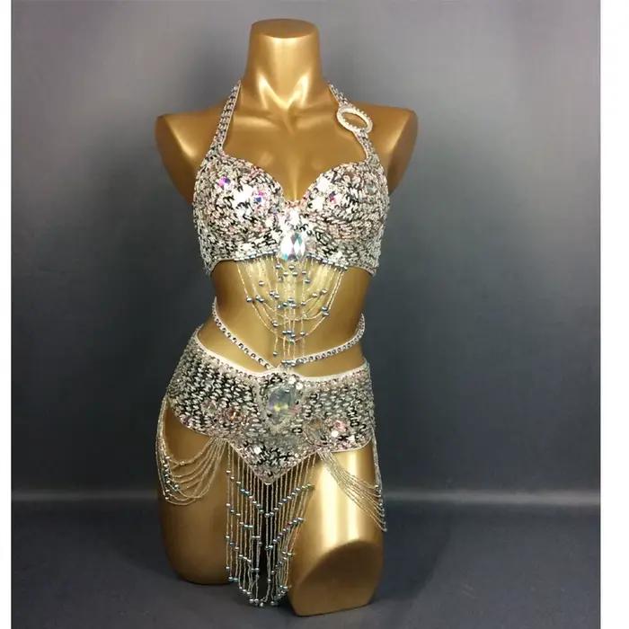 Vente chaude femmes perles paillettes danse du ventre Suite ceinture + soutien-gorge Samba Costumes Club USA soutien-gorge taille 34B,36B,38B,40B,34D,36D,38D,40D