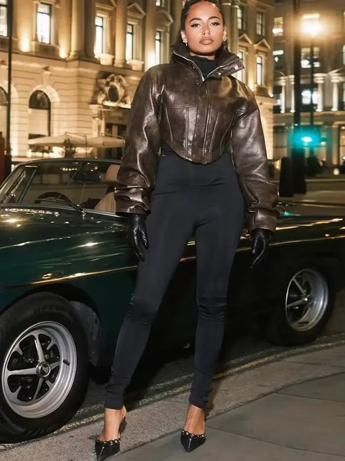 Nibber Hottie Crop Bunda Ženy Rolák PU Nepravidelný Zips Gombík Dlhé Rukávy Divoký Sexy Ulica Polnoc Jeseň