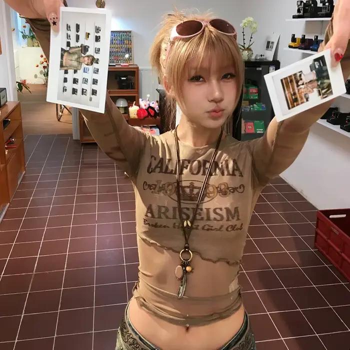 Karr233-Tričko s rukávmi sulfen Japonská sieťovina Y2k