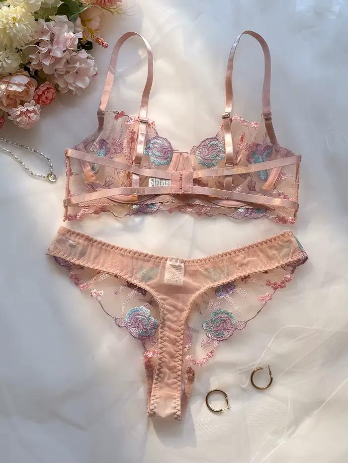 Ensemble soutien-gorge et culotte pour femmes en dentelle rose pastel douce avec armatures en acier, soutien-gorge à bonnet supérieur fin et sans couture, sous-vêtements quotidiens