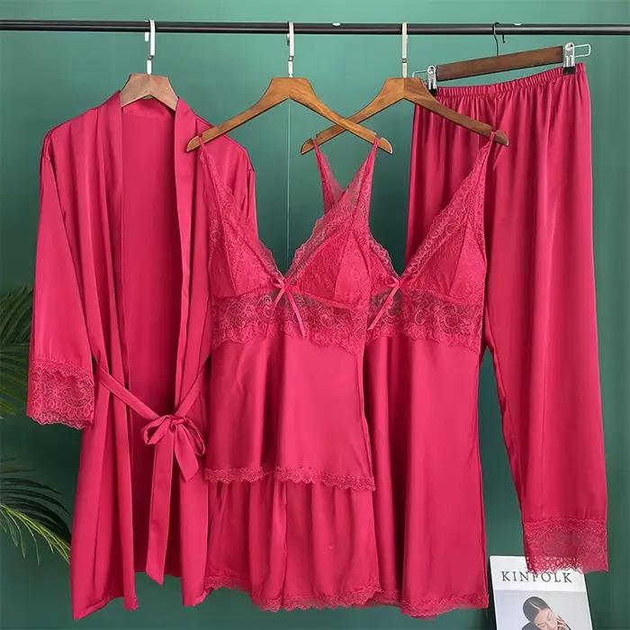 Ensemble de vêtements de nuit en satin blanc, robe de mariée, chemise de nuit sexy, kimono en dentelle, peignoir, vêtements de nuit, robe de maison, vêtements de salon, 5 pièces