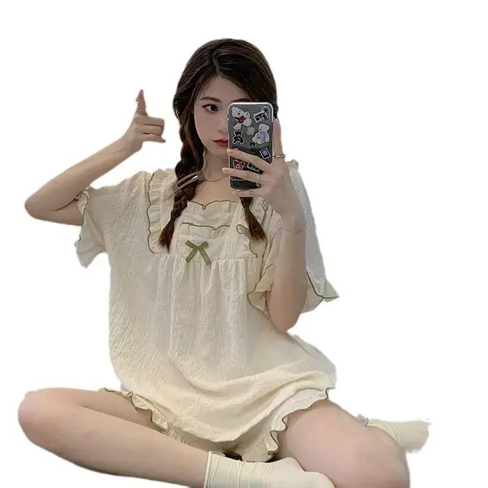 Pyjama d'été pour femmes : léger, manches courtes, couleur unie, respirant, minimaliste, grande taille, ensemble de vêtements de détente en tissu bulle