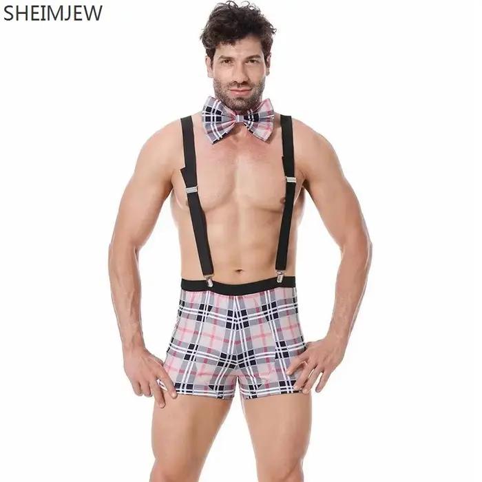 Qqa 2025 Plaid Noir Sexy Costume de serveur de Lingerie, tenue à bretelles, Costumes d'halloween pour hommes, vêtements de club de fête