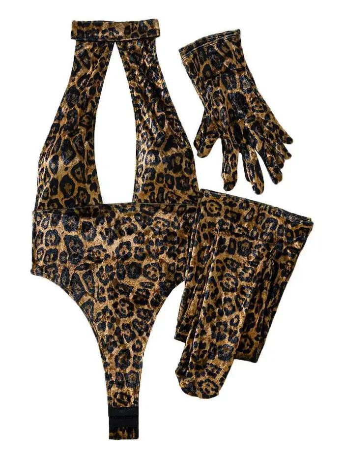 Body imprimé léopard pour femmes, avec gants, Leggings, ajouré, dos nu, bretelles en V profond, sans manches, charmant, fin, 3X4C