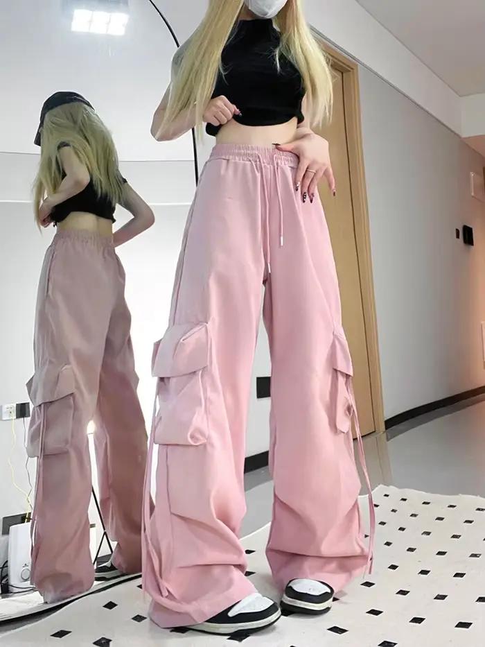 Zoki ružové streetwear cargo nohavice pre ženy voľné Harajuku Y2K rovné