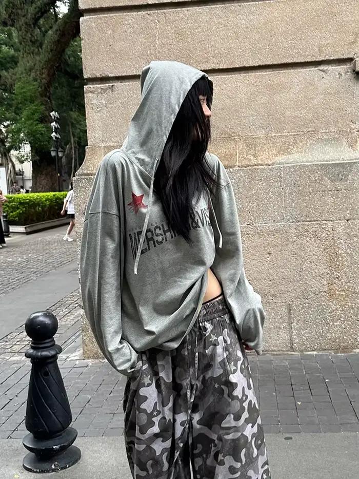 Tonngirls Y2k Vintage Tričko pre ženy ležérne voľné s grafickou potlačou kapucňa japonské 2000 roky Grunge