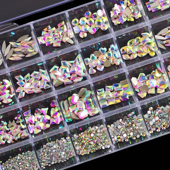 1 krabica 3D diamantových súprav na nechty – viac tvarov – 24 mriežok AB kryštálových drahokamov