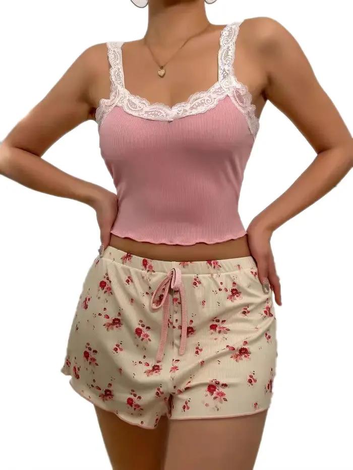 Pyjama femme patchwork sexy sans manches shorts col V pour automne confortable et élégant nuit