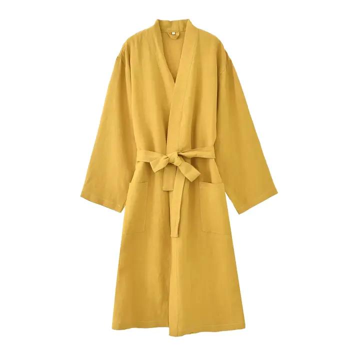 30% ľan 70% Tencel Kimono župan Šaty pre ženy a mužov nočná košeľa voľné nočné oblečenie Homewear jednofarebné