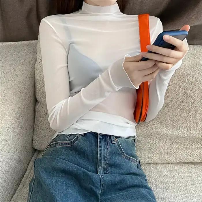 Dámske sexy tričko priesvitné cez priehľadnú sieťovinu s dlhými rukávmi čisté tenké