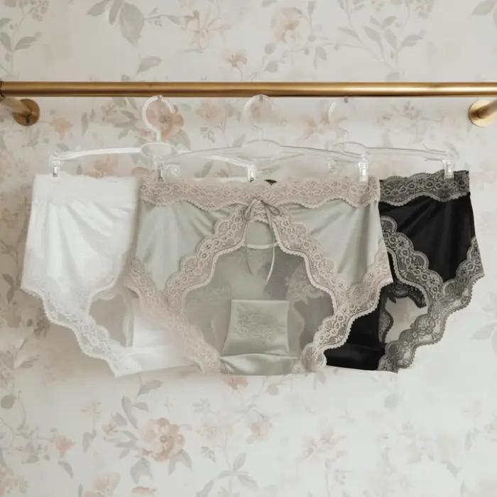 Culottes en satin à taille mi-haute style français avec dentelle, culottes transparentes à nœud en maille douce, patchwork invisible pour filles