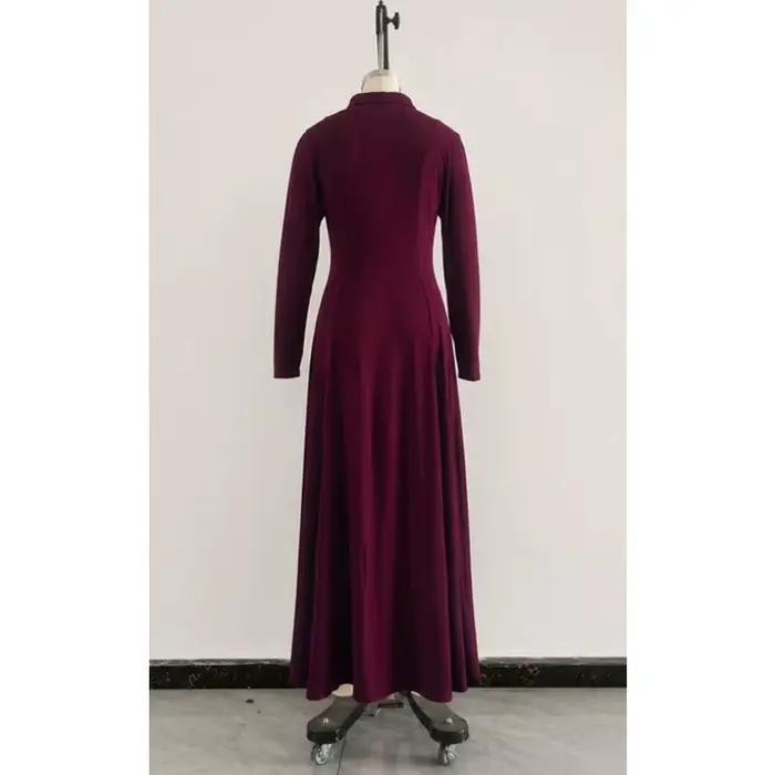 Robe longue élégante pour femme à manches longues, style corset, col polo, taille ajustée, plissée, unie, pour soirée, bureau, mariage