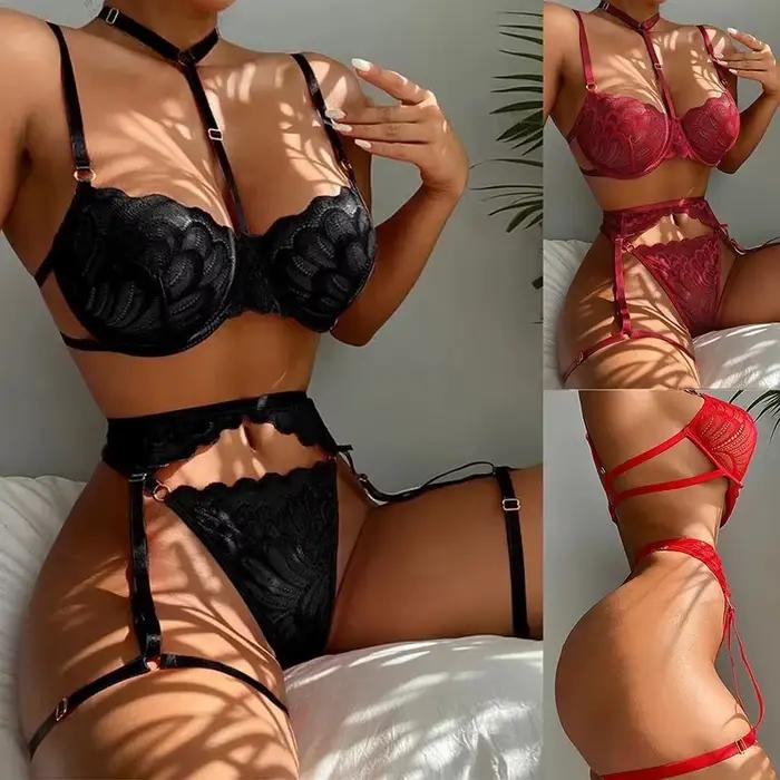 Ensemble de lingerie sexy en dentelle florale pour femme, soutien-gorge transparent à bretelles et culotte avec porte-jarretelles, idéal pour lune de miel, soirée et rendez-vous galant