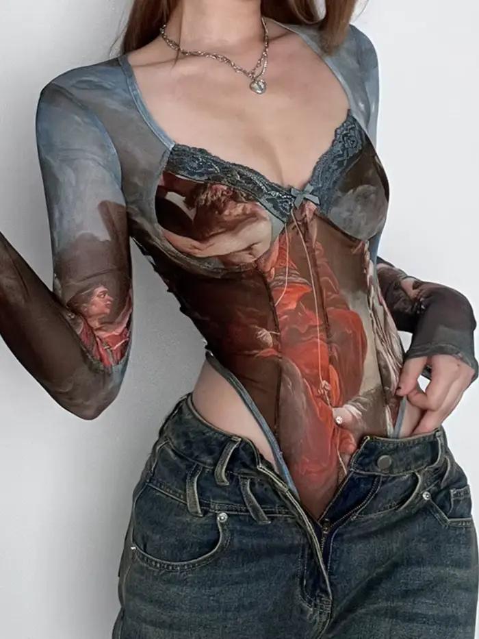Body Sexy imprimé Vintage, Lingerie transparente en gaze, Lenceria Tranparente, manches longues, col carré, haut Bustier