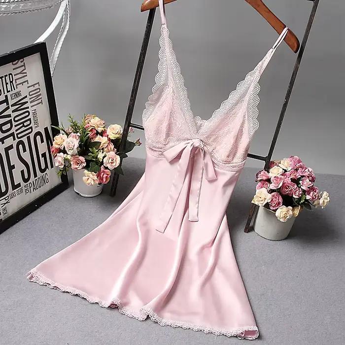 Femmes Sexy soie Satin robe de nuit sans manches chemise de nuit dentelle robe de nuit col en v nuisettes chemise de nuit mode vêtements de nuit vêtements de nuit