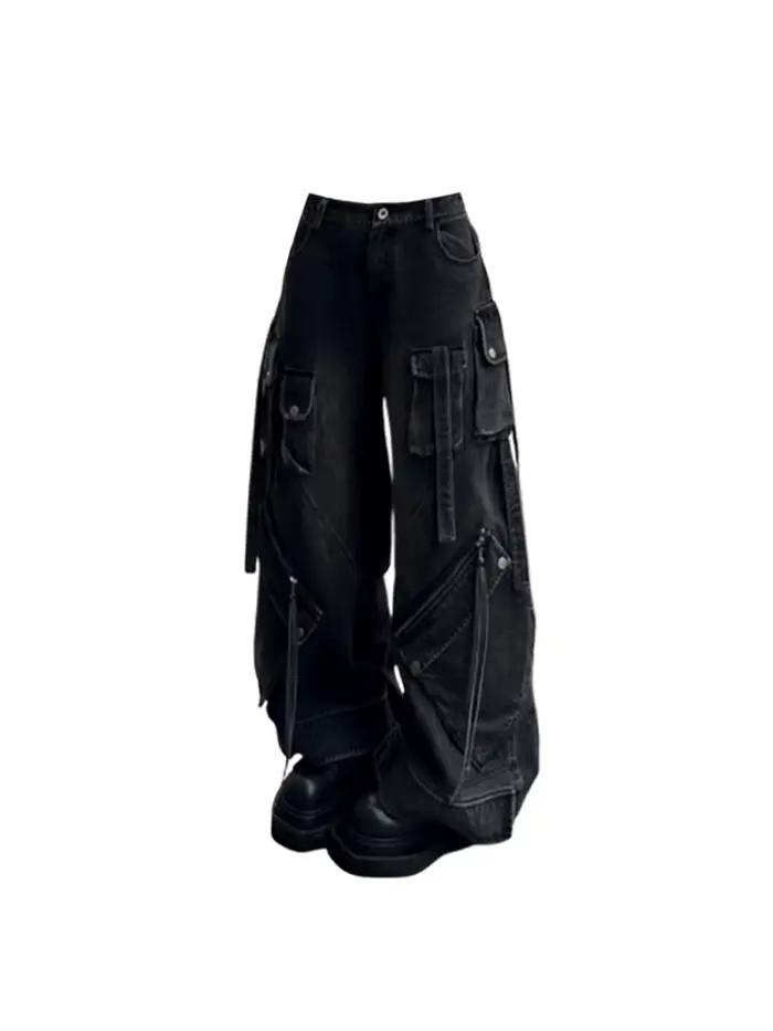 Gotické čierne cargo baggy džínsy pre ženy