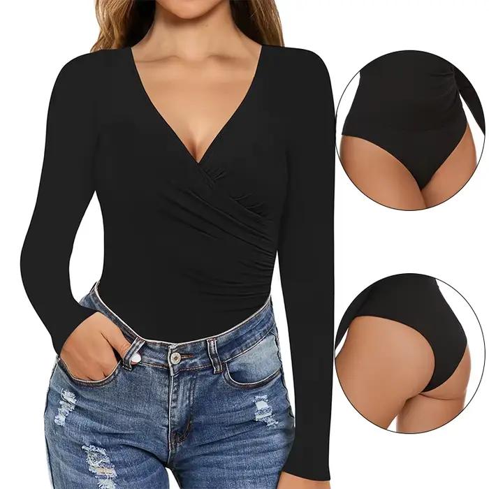 Unicontrol-Body Shaper pour femmes, col en V profond plongeant, manches longues, combinaisons de tambours, survêtement froncé croisé, vêtements sexy